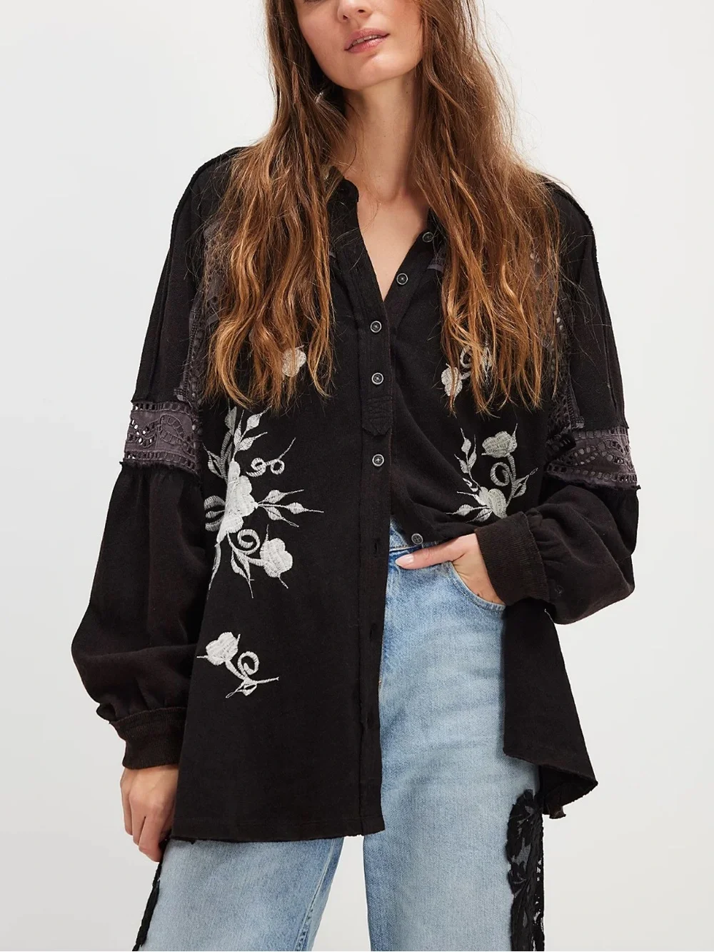 Free People We The Free Blue Ridge Floral Embroidered Button Down Oversized Top